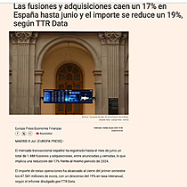Las fusiones y adquisiciones caen un 17% en Espaa hasta junio y el importe se reduce un 19%, segn TTR Data